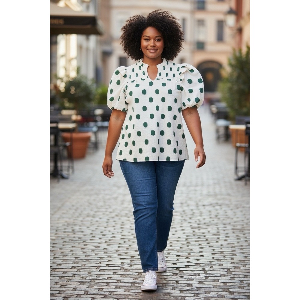 Women's XL White Green Polka Dot Puff Sleeve Smocked Blouse Boho Top